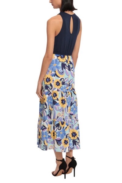 Blue Radi Marigold Round Neck Floral Skirt and Tank Contrast Maxi Dress by Donna Morgan DT097M