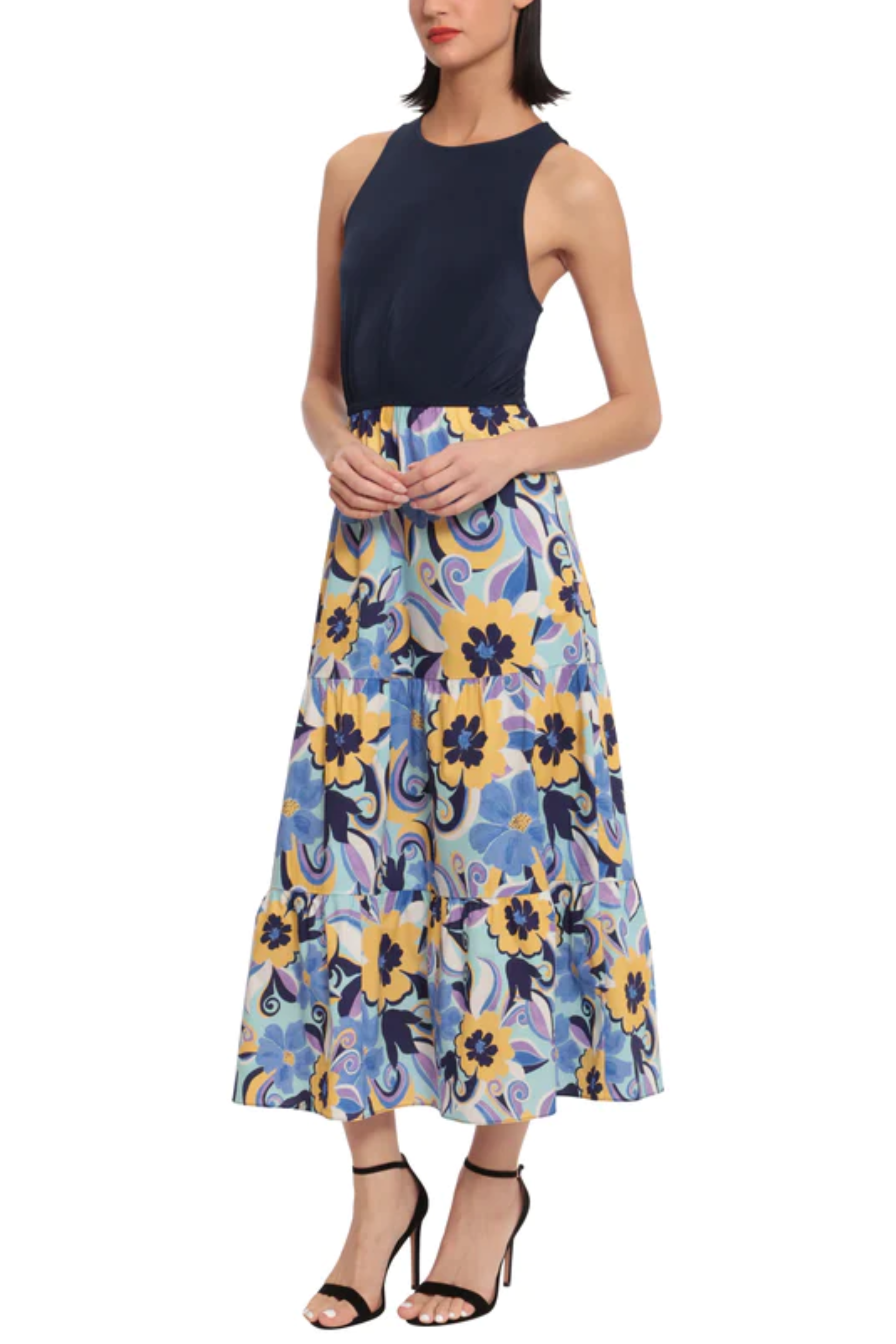 Blue Radi Marigold Round Neck Floral Skirt and Tank Contrast Maxi Dress by Donna Morgan DT097M
