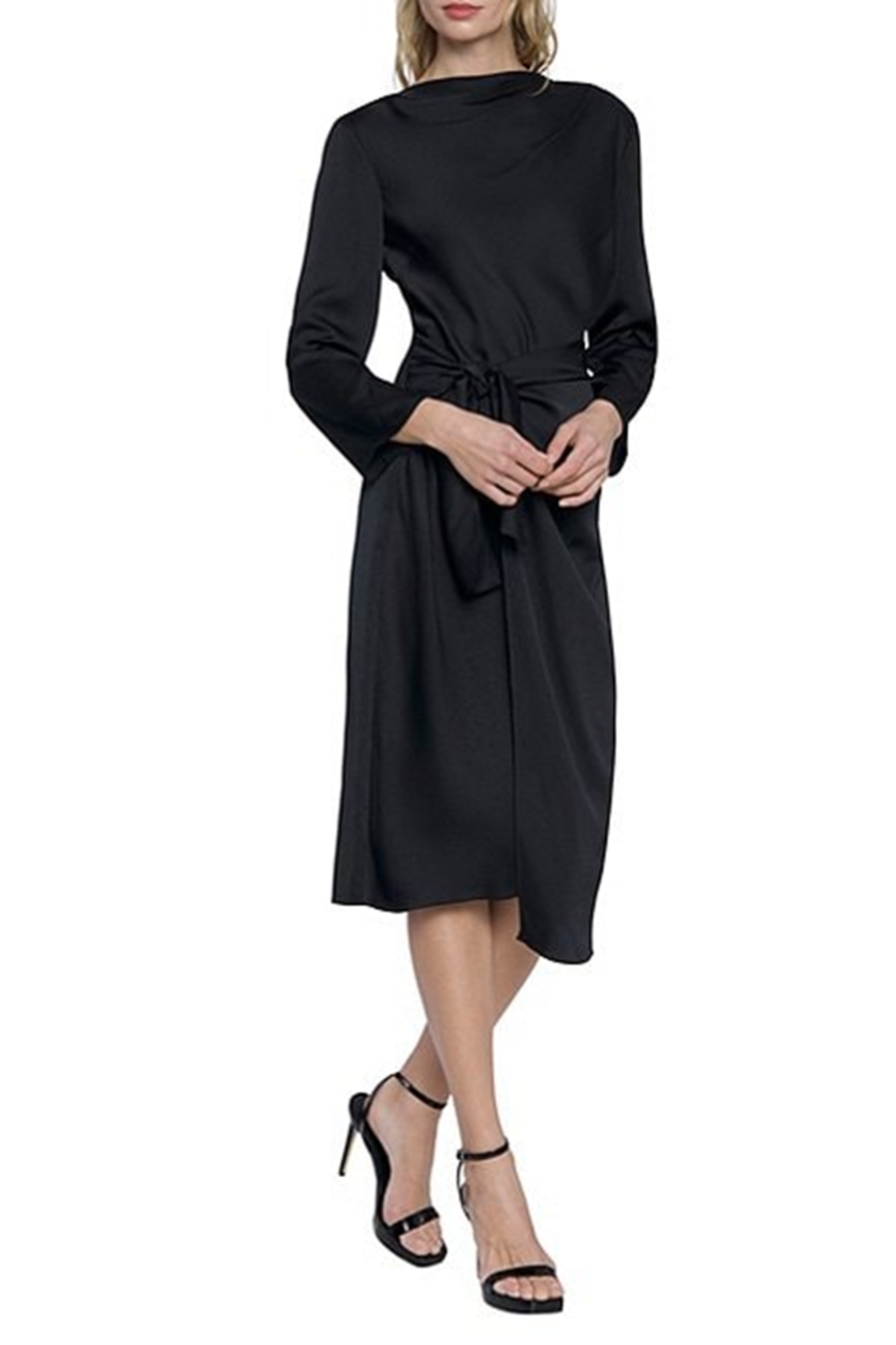 Black Mock Neck Long Sleeve Tied-Waist Knee-Length Dress by Donna Morgan DT313M