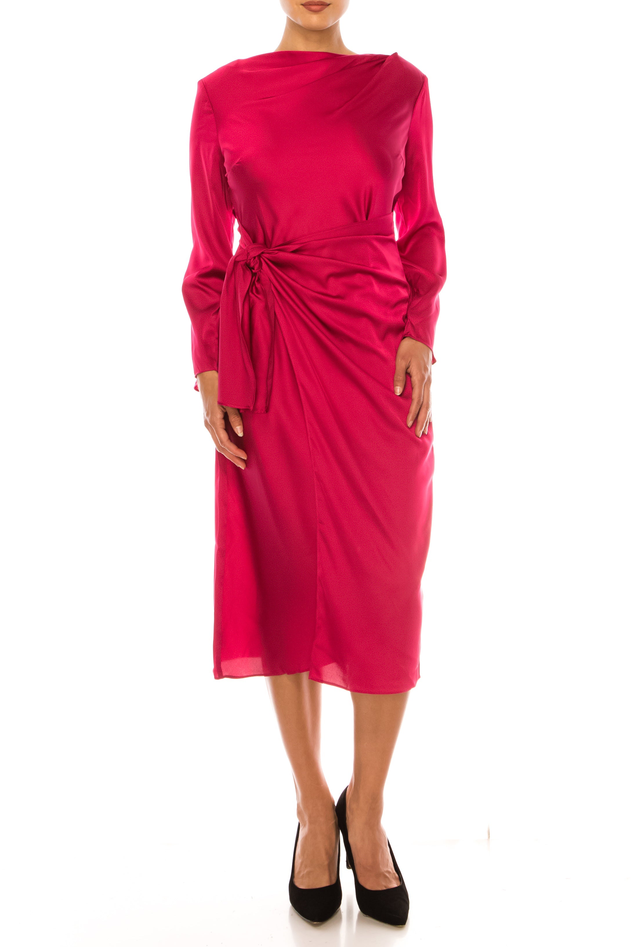 Vivacious Mock Neck Long Sleeve Tied-Waist Knee-Length Dress by Donna Morgan DT313M