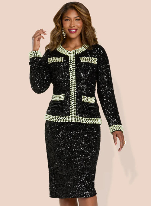 Round Neck Long Sleeve Sequin Pearl Trim 2-Piece Jacket & Skirt Church Suit Set by Tesoro Moda 12234