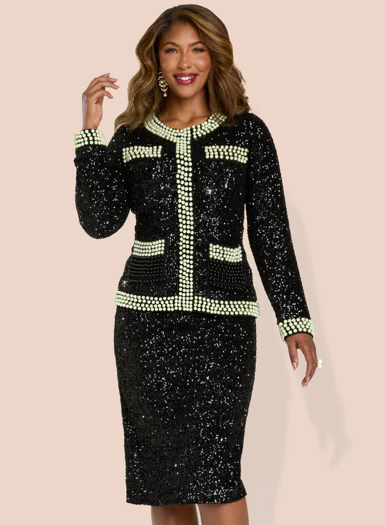 Round Neck Long Sleeve Sequin Pearl Trim 2-Piece Jacket & Skirt Church Suit Set by Tesoro Moda 12234