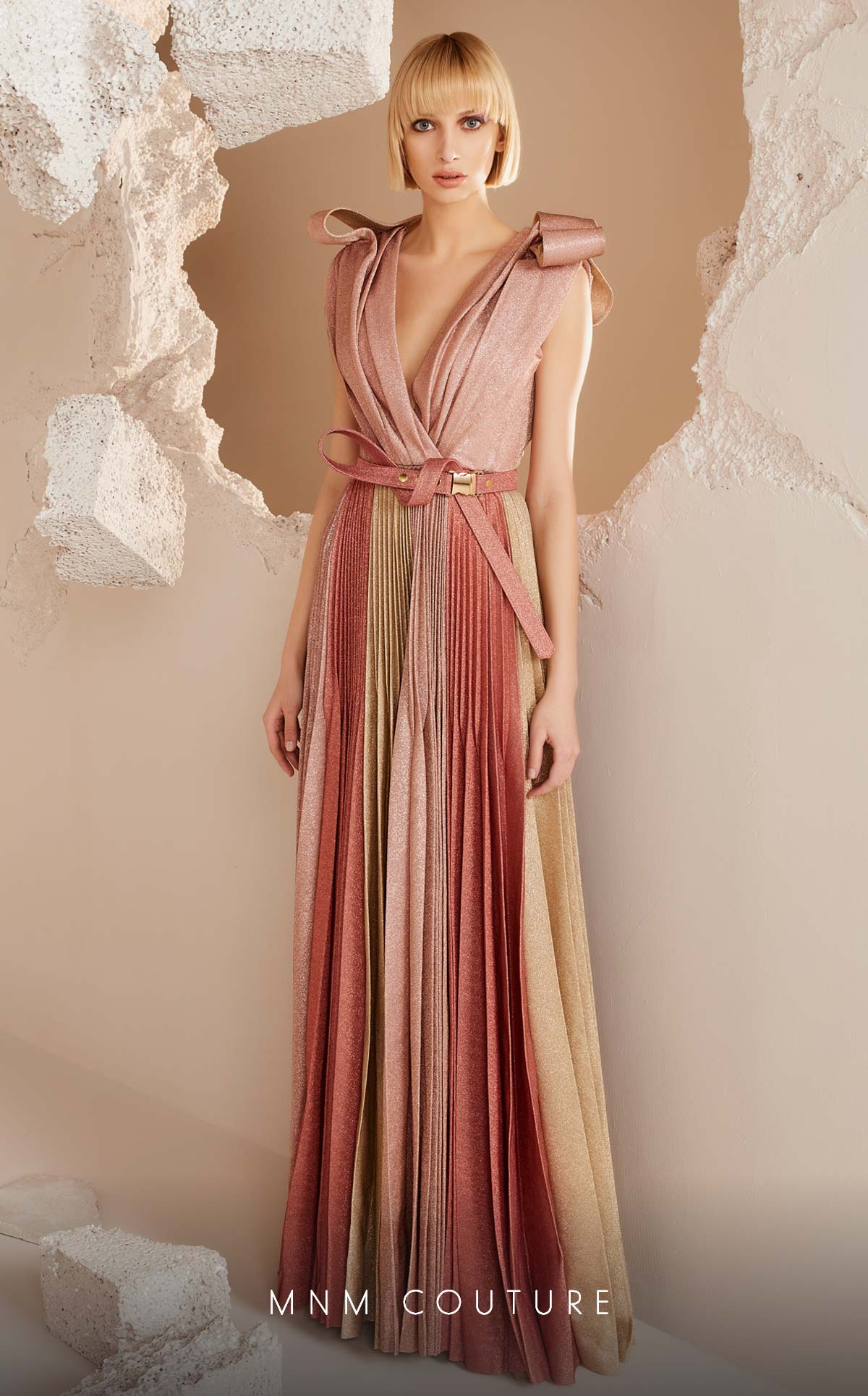 MNM Couture E0028 Mint Metallic Pleated V-Neck Gown with Belt