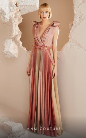 MNM Couture E0028 Mint Metallic Pleated V-Neck Gown with Belt