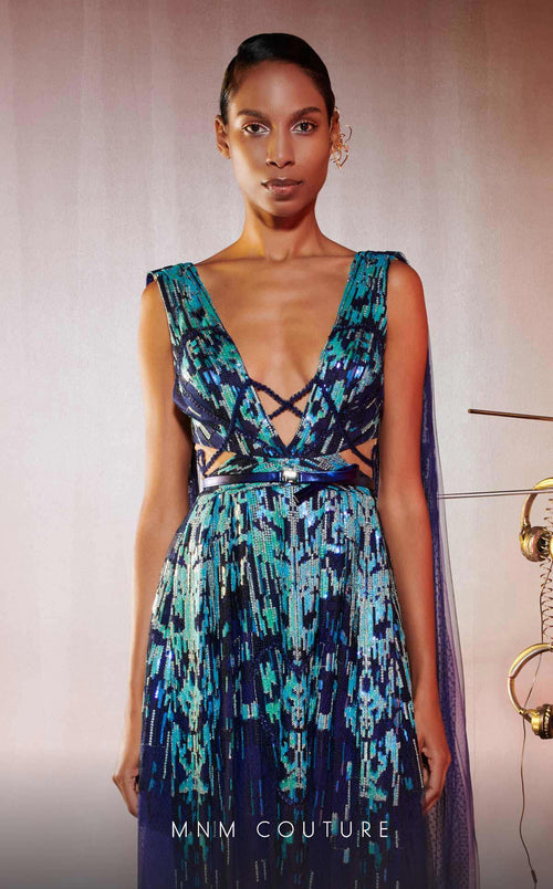 MNM Couture E0044 Blue Embroidered V-Neck Gown with Flared Skirt