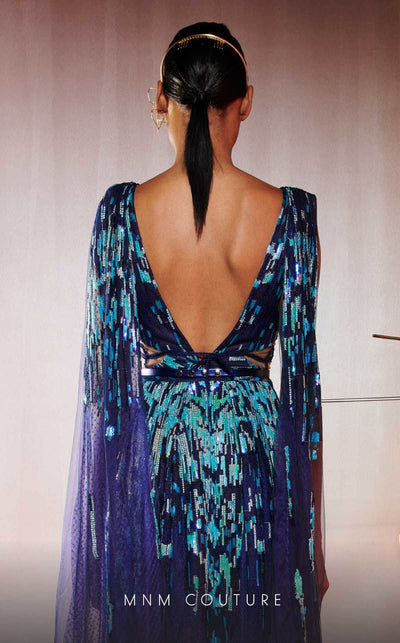 MNM Couture E0044 Blue Embroidered V-Neck Gown with Flared Skirt