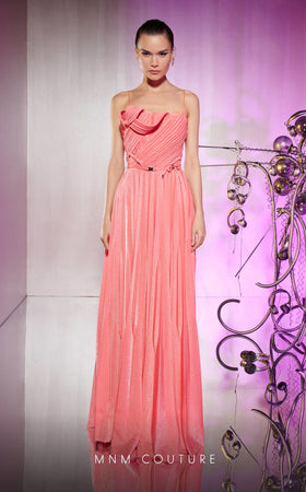 MNM Couture E0045 Strapless Metallic Pink Plissé Gown with Draped Corset