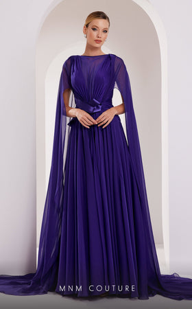 MNM Couture E0061 Coral Pleated Evening Gown with Cape Sleeves
