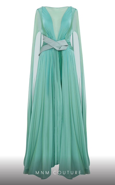 MNM Couture E0061 Coral Pleated Evening Gown with Cape Sleeves