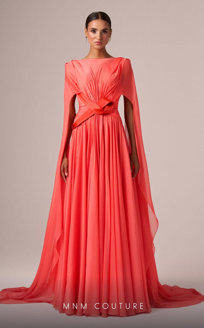 MNM Couture E0061 Coral Pleated Evening Gown with Cape Sleeves