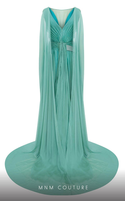 MNM Couture E0061 Coral Pleated Evening Gown with Cape Sleeves