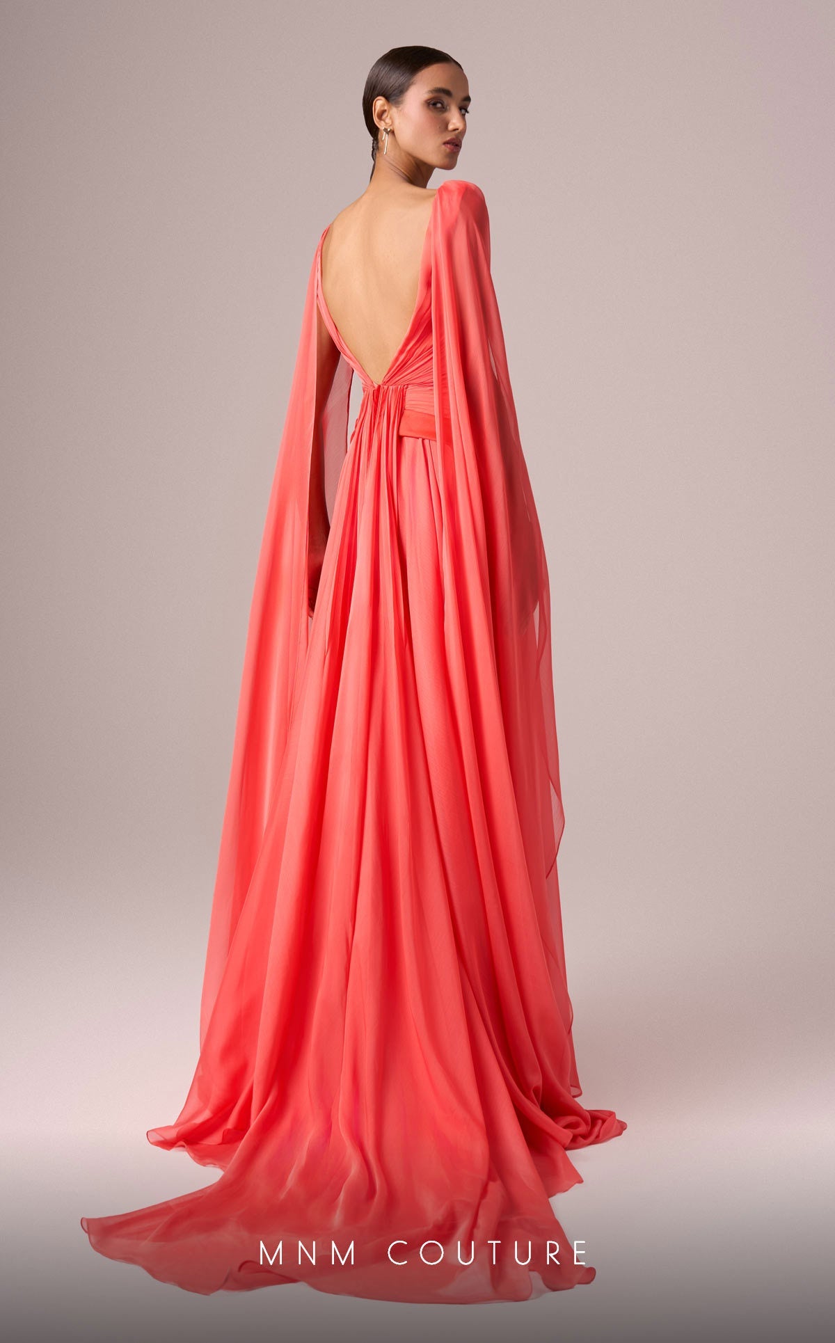 MNM Couture E0061 Coral Pleated Evening Gown with Cape Sleeves