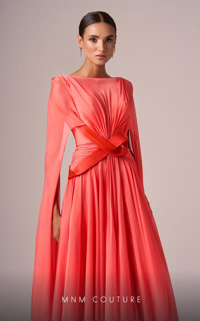 MNM Couture E0061 Coral Pleated Evening Gown with Cape Sleeves