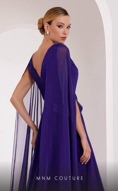 MNM Couture E0061 Coral Pleated Evening Gown with Cape Sleeves
