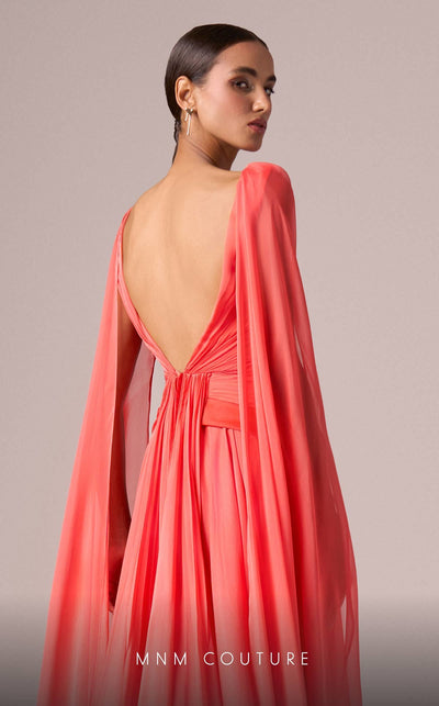 MNM Couture E0061 Coral Pleated Evening Gown with Cape Sleeves