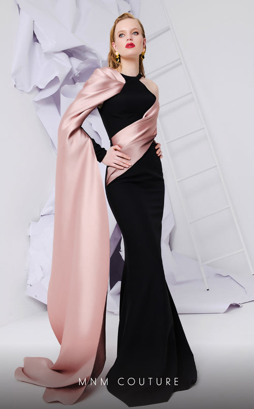 MNM Couture E0072 Black & Blush Draped Satin Gown