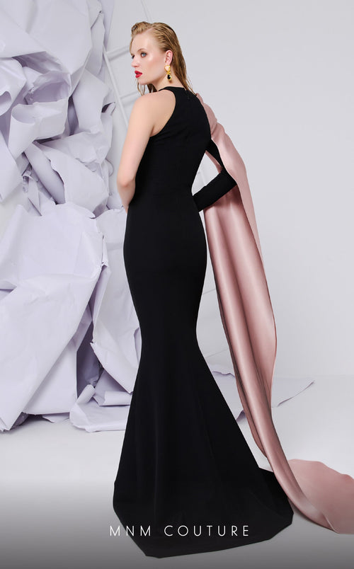 MNM Couture E0072 Black & Blush Draped Satin Gown