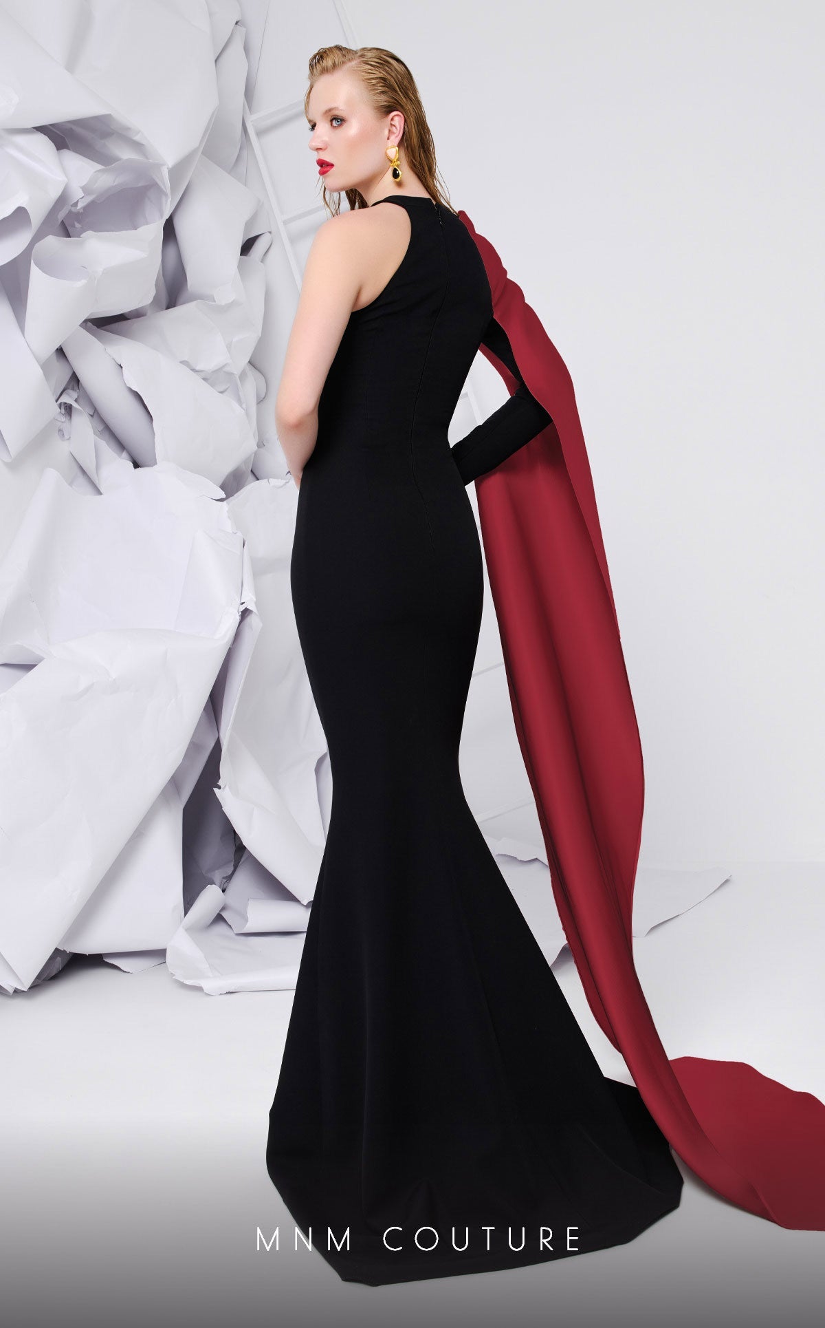 MNM Couture E0072 Black & Blush Draped Satin Gown