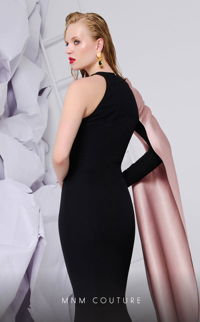 MNM Couture E0072 Black & Blush Draped Satin Gown