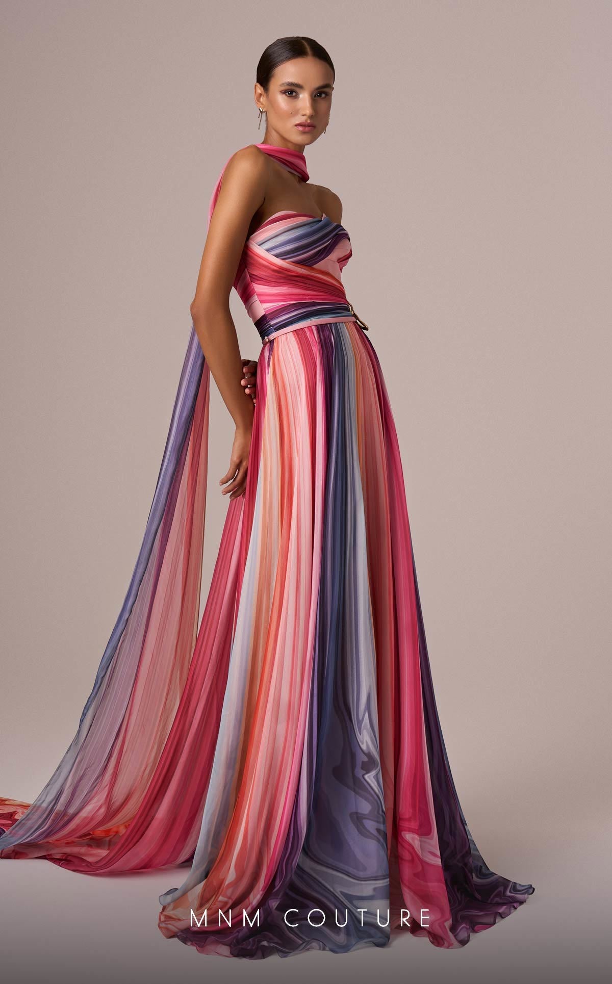 MNM Couture E0080 Off-Shoulder Multicolor Evening Gown with Scarf
