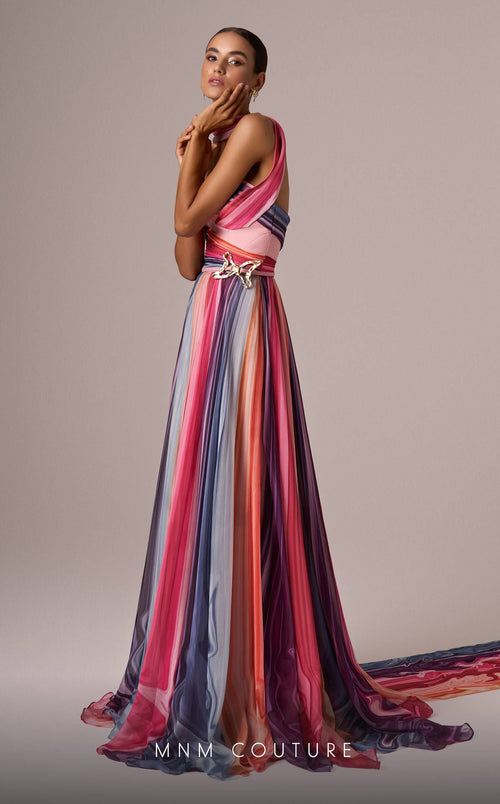 MNM Couture E0080 Off-Shoulder Multicolor Evening Gown with Scarf