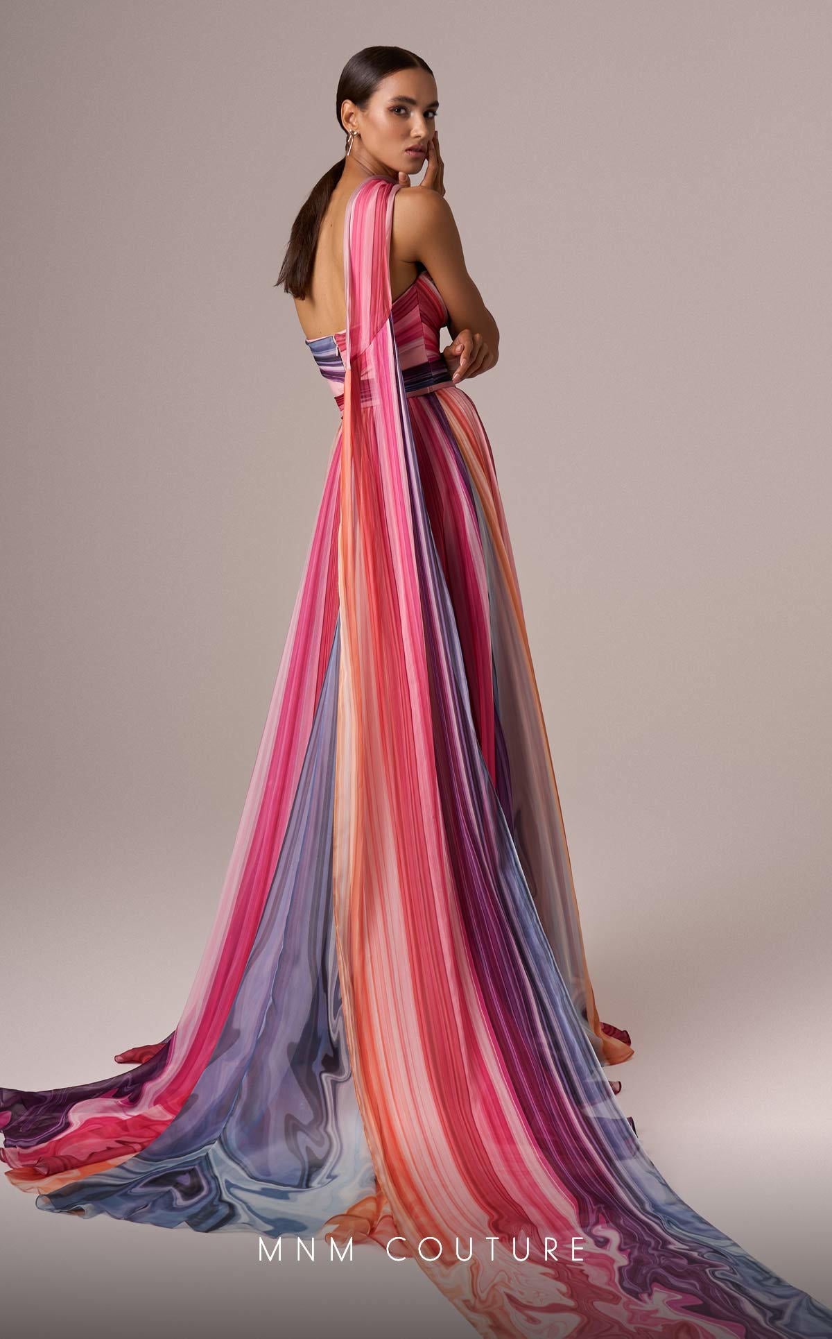 MNM Couture E0080 Off-Shoulder Multicolor Evening Gown with Scarf