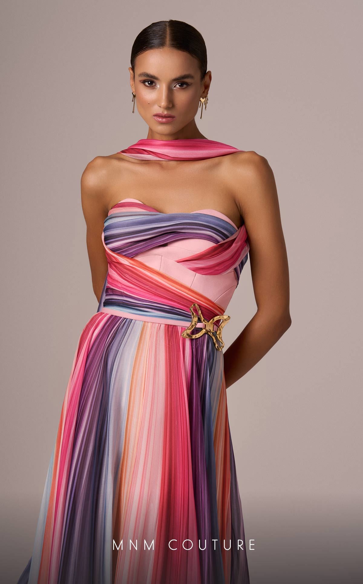 MNM Couture E0080 Off-Shoulder Multicolor Evening Gown with Scarf