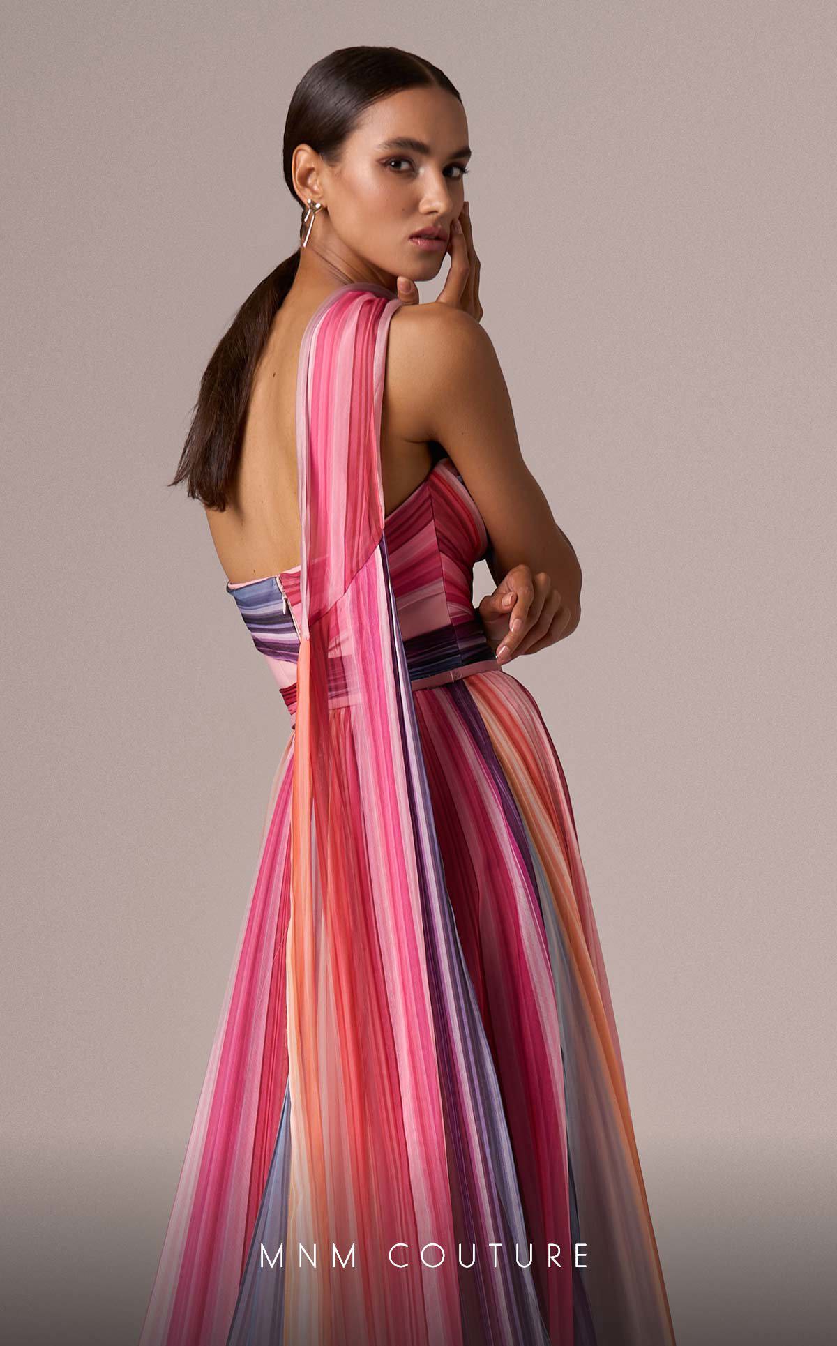 MNM Couture E0080 Off-Shoulder Multicolor Evening Gown with Scarf