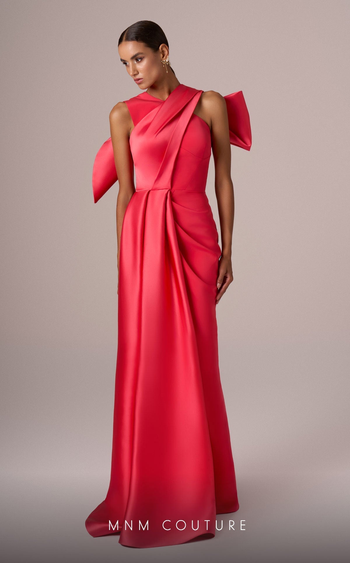 Coral A-Line Gown with Criss-Cross Back Bow by MNM Couture