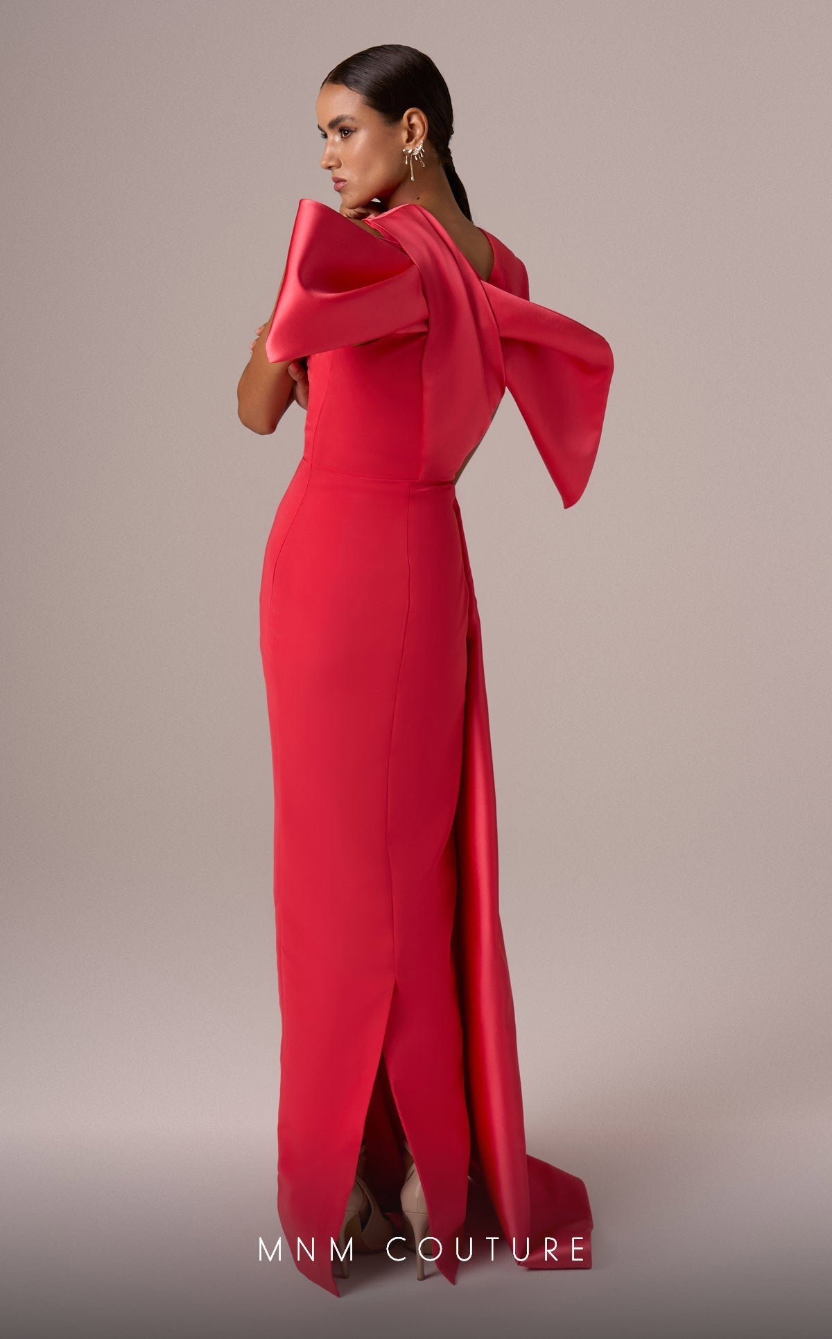 Coral A-Line Gown with Criss-Cross Back Bow by MNM Couture