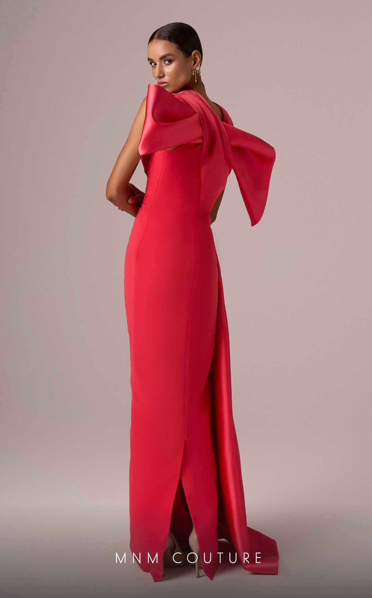 Coral A-Line Gown with Criss-Cross Back Bow by MNM Couture