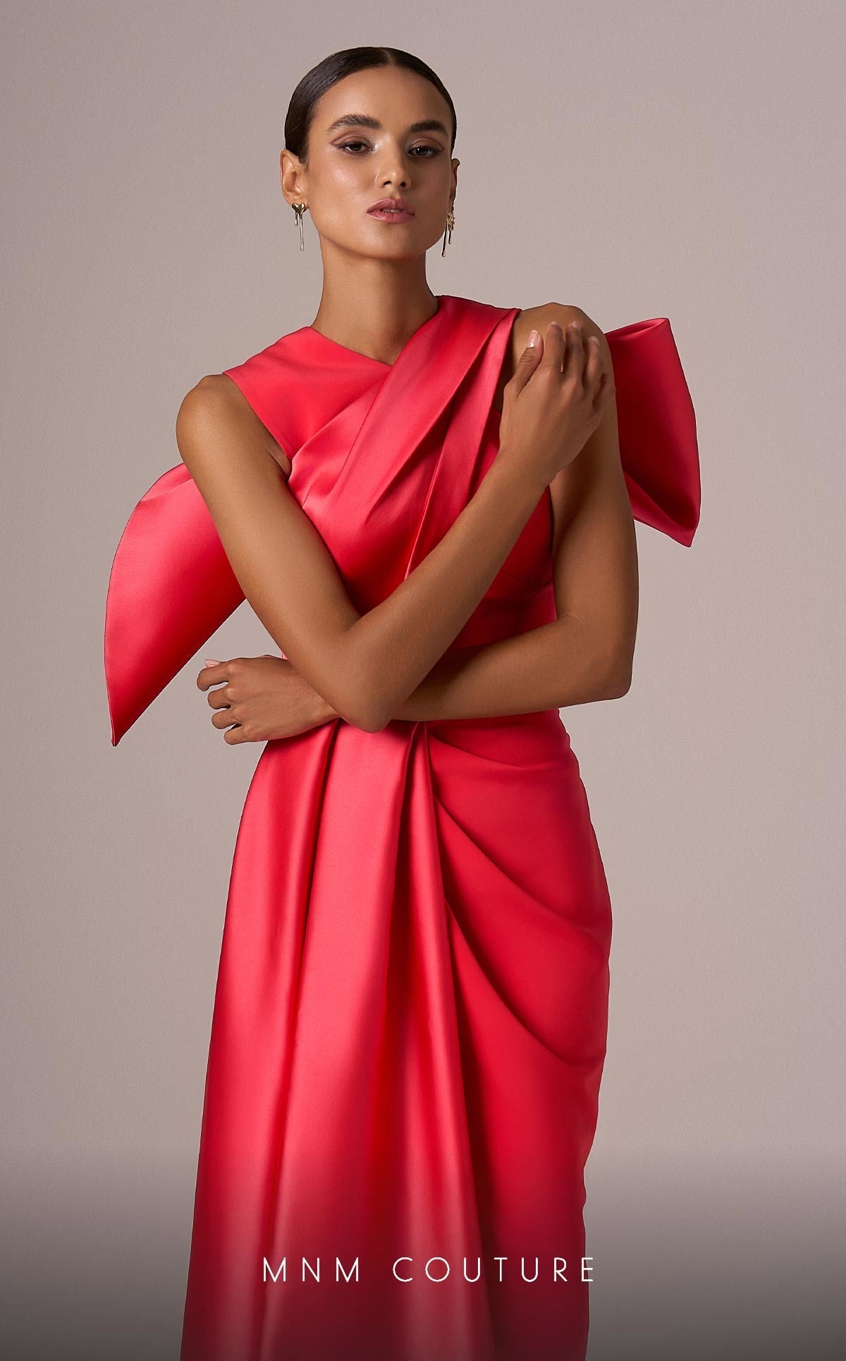 Coral A-Line Gown with Criss-Cross Back Bow by MNM Couture