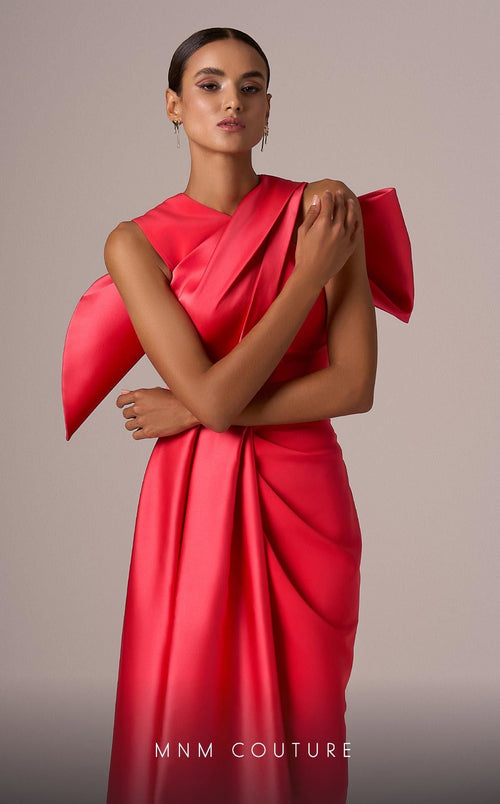 Coral A-Line Gown with Criss-Cross Back Bow by MNM Couture