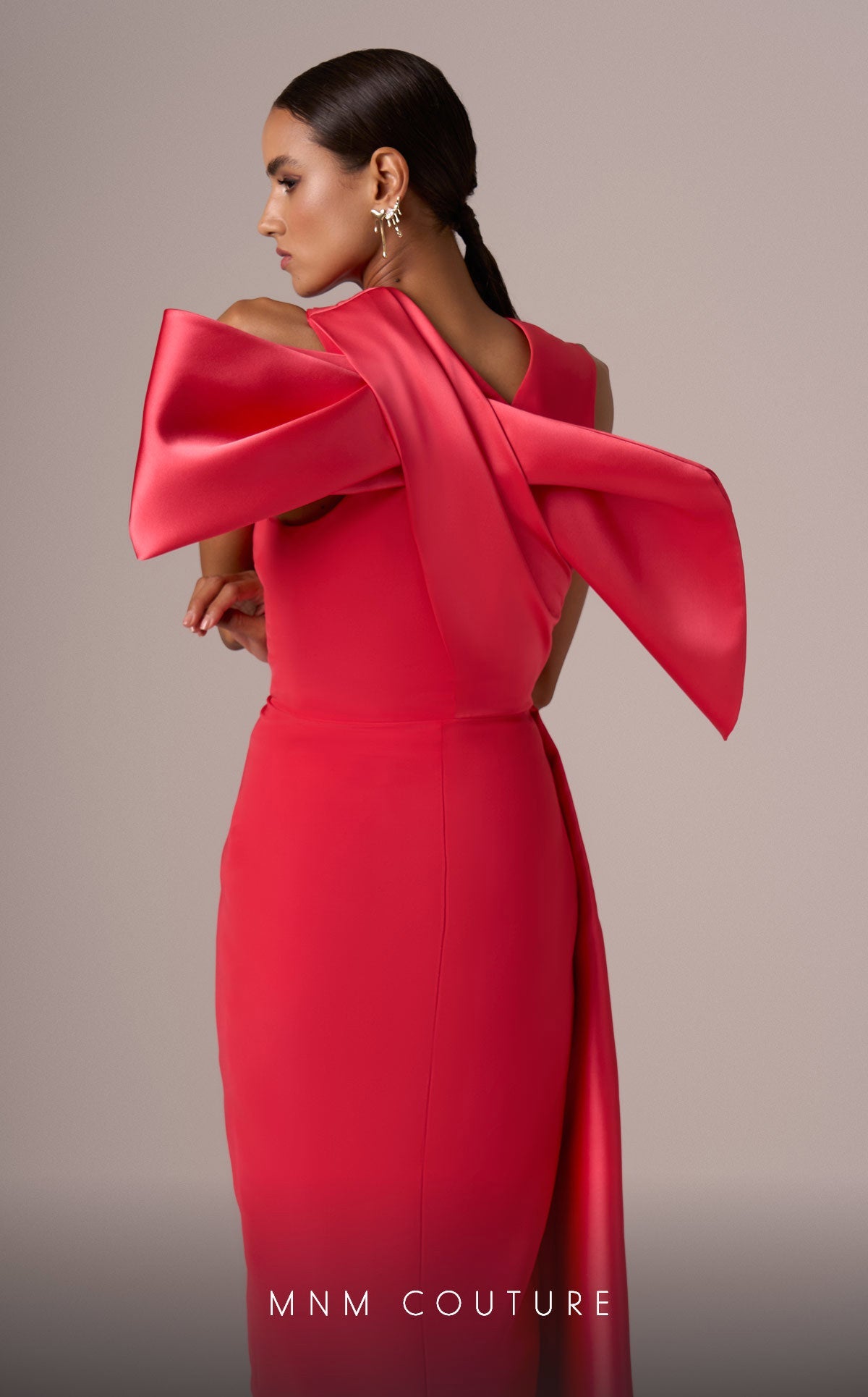 Coral A-Line Gown with Criss-Cross Back Bow by MNM Couture