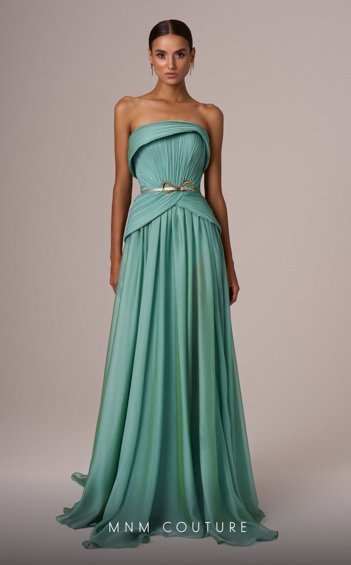 MNM Couture E0082 Beige Off-Shoulder Gown, Open Back
