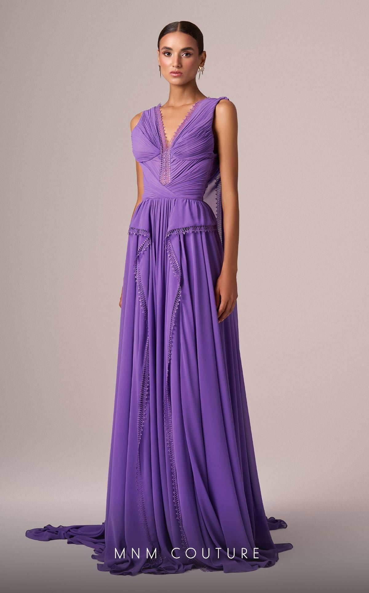 MNM Couture E0086 Purple Gown with V-Neck and Shoulder Trains