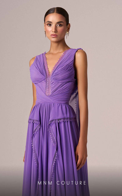MNM Couture E0086 Purple Gown with V-Neck and Shoulder Trains