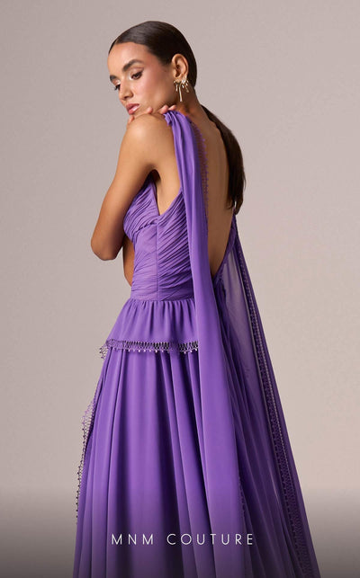 MNM Couture E0086 Purple Gown with V-Neck and Shoulder Trains