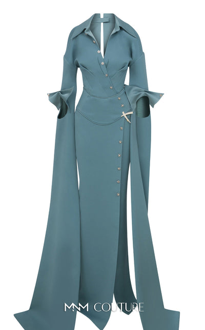 MNM Couture E0094 Cherry A-Line Gown with Cape & Slit