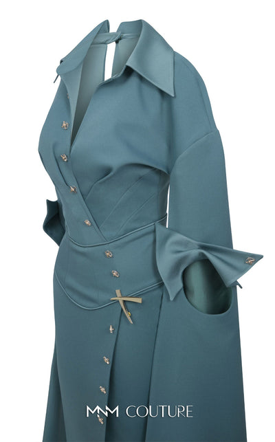 MNM Couture E0094 Cherry A-Line Gown with Cape & Slit