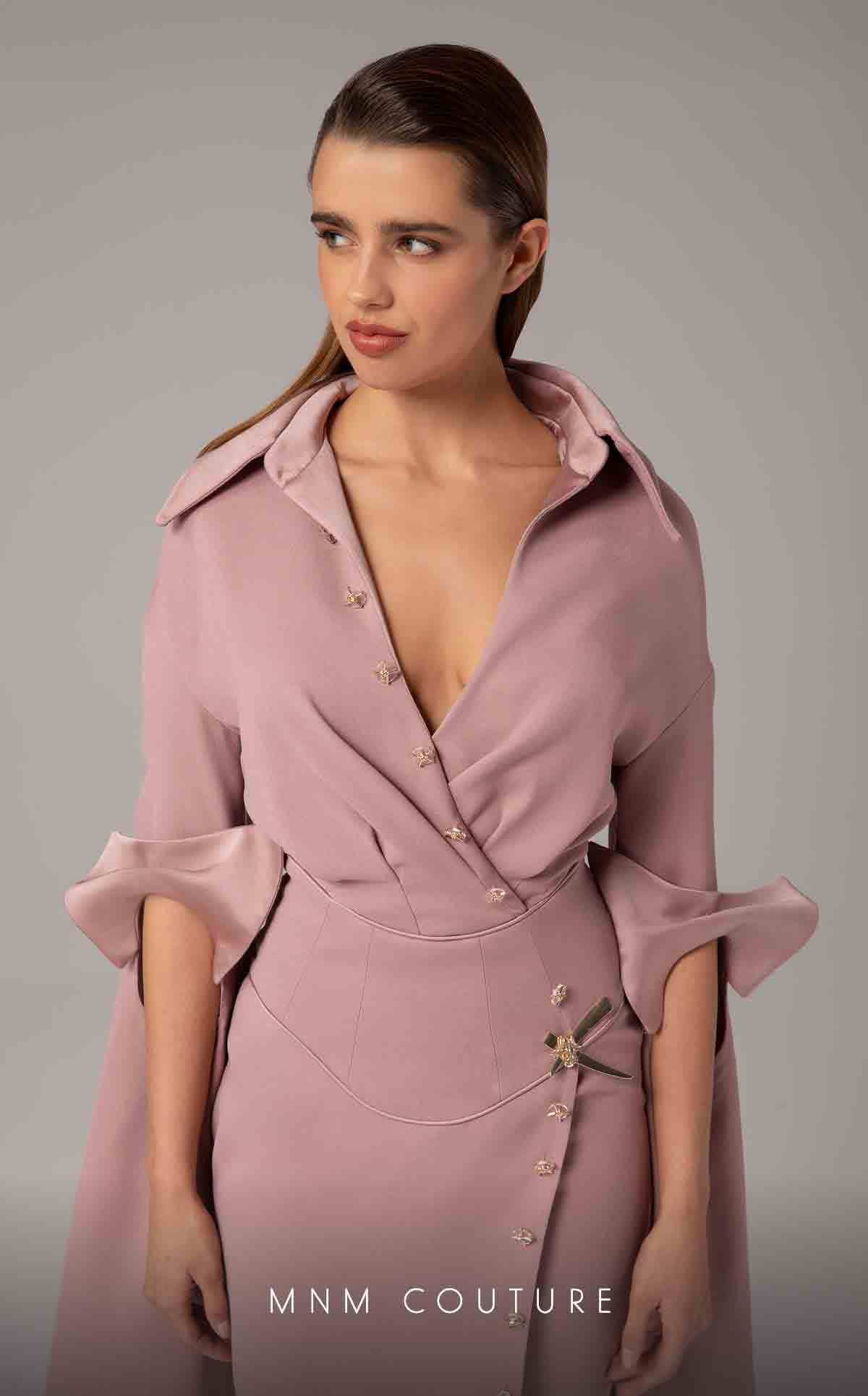 MNM Couture E0094 Cherry A-Line Gown with Cape & Slit