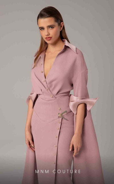 MNM Couture E0094 Cherry A-Line Gown with Cape & Slit