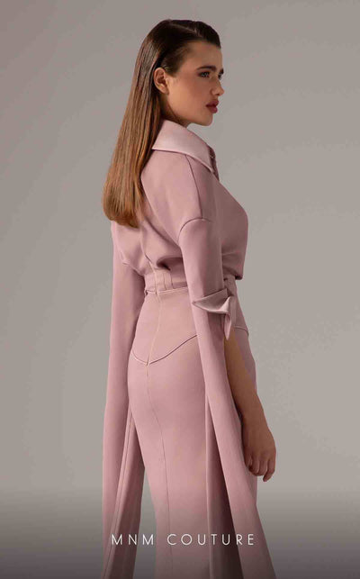 MNM Couture E0094 Cherry A-Line Gown with Cape & Slit