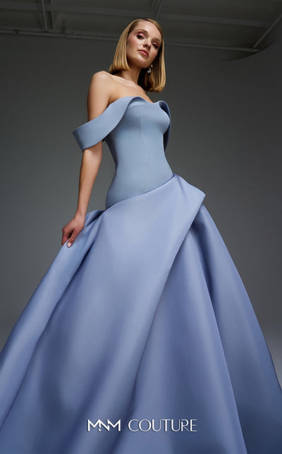MNM Couture E0103 Off-Shoulder Black Ballgown with Sculpted Folds