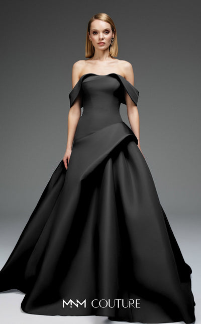 MNM Couture E0103 Off-Shoulder Black Ballgown with Sculpted Folds