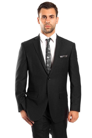 Traje de negocios de dos botones, corte regular, microraya diplomática para hombre en negro