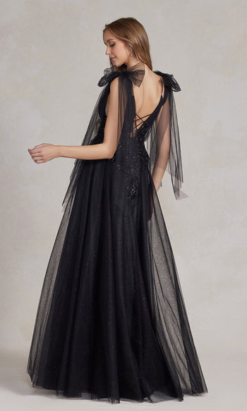 Vestido de fiesta largo negro E1075 de estilo gótico
