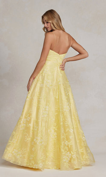 Vestido de fiesta largo amarillo con escote en V pronunciado – E1175