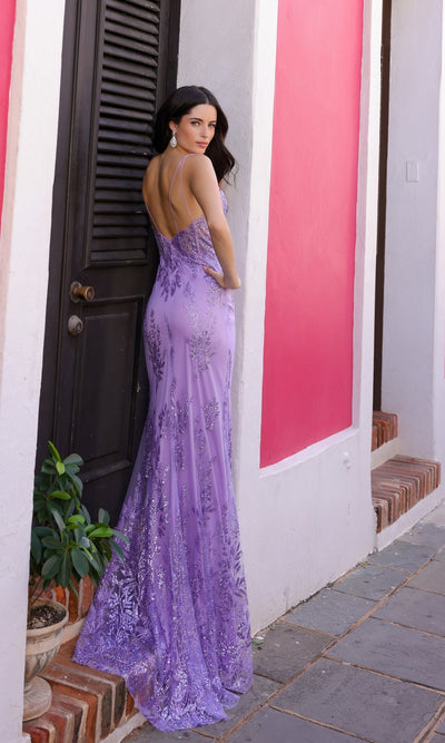 Nox Anabel E1273 Long V-Neck Prom Dress with Glitter Print