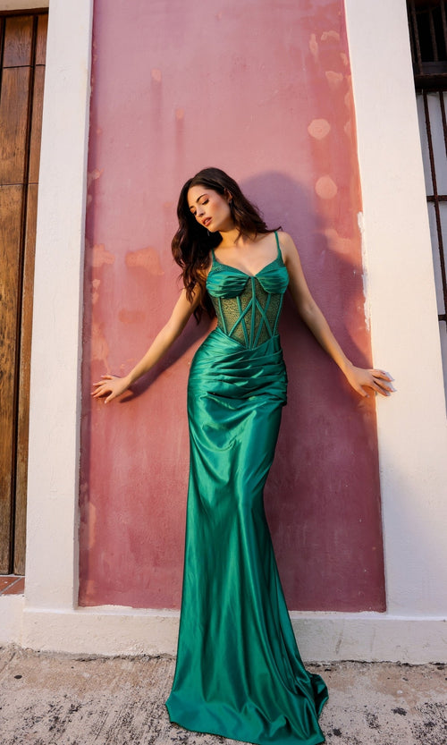 Nox Anabel E1292 Satin Prom Dress with Lace-Up Corset Bodice